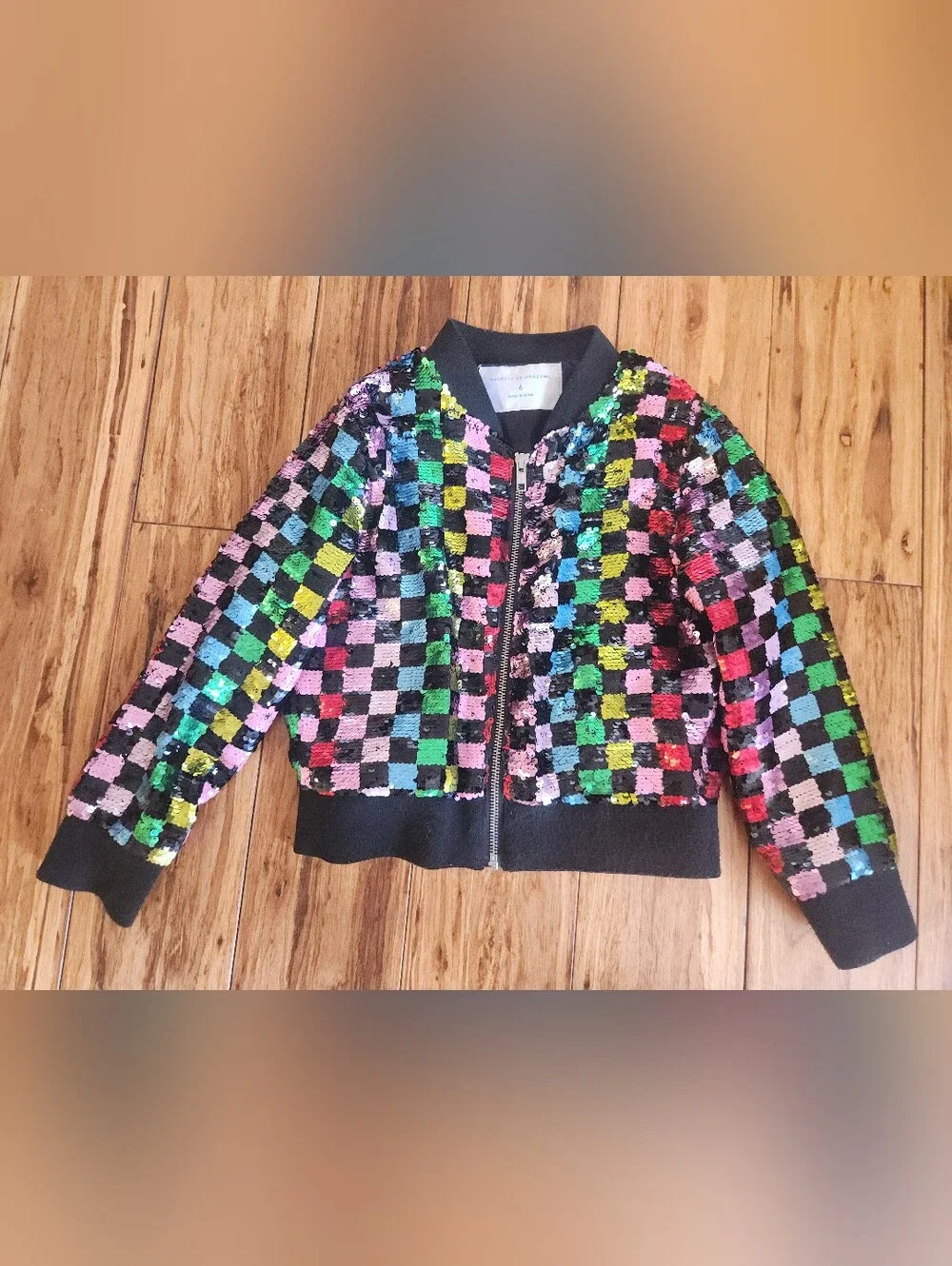 Rockets of Awesome Rainbow Sequined Checkerboard Bomber Jacket – Kids Size 6